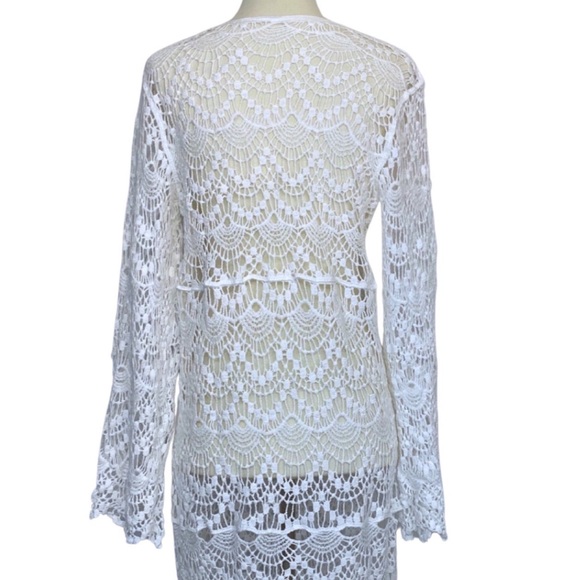 Boho Long Sleeve White Crochet Knit Hollow-Out Beach Coverup - Picture 13 of 15